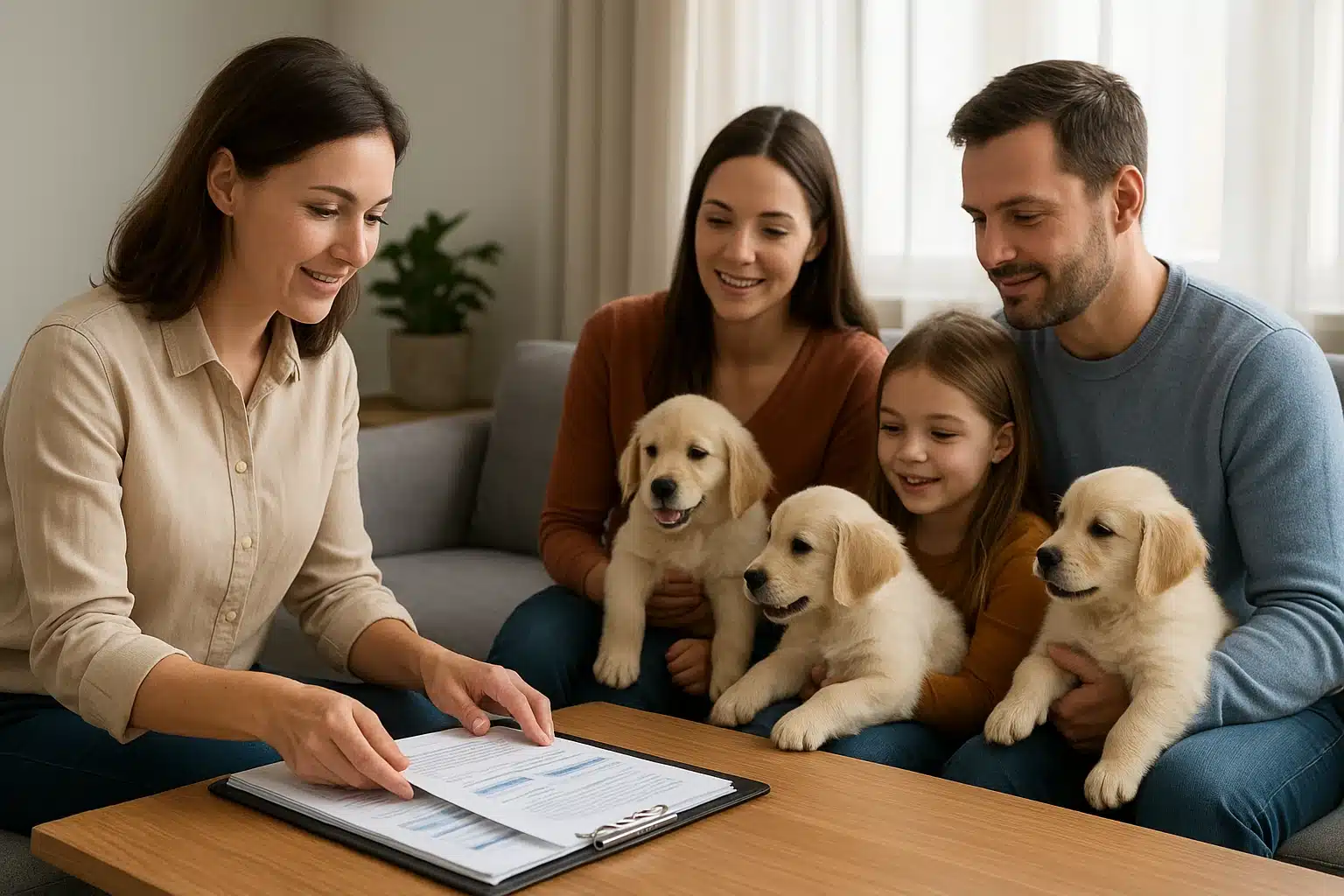 Breeder showing health records to family with puppies