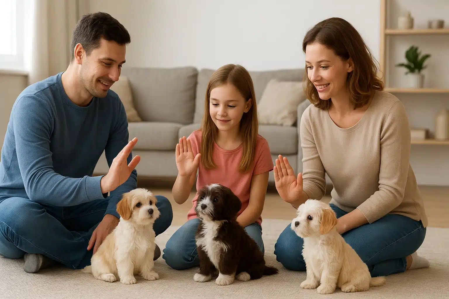 Family training three small puppies in bright living room