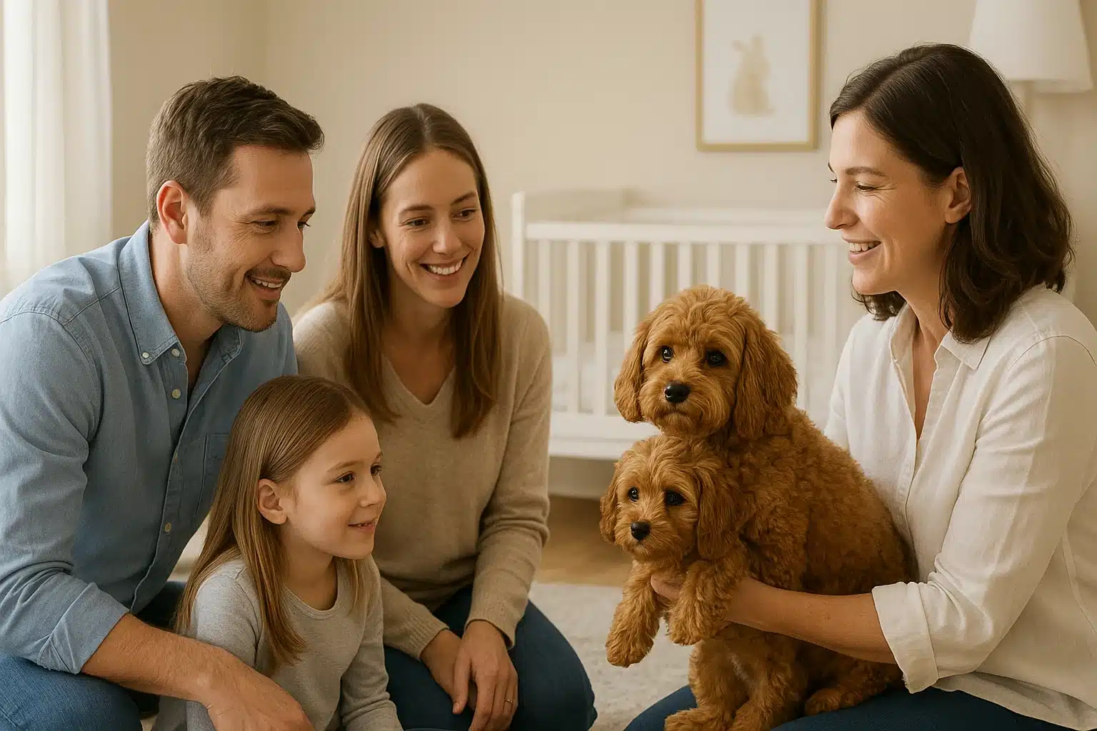 A family meeting calm Cavapoo parents indoors