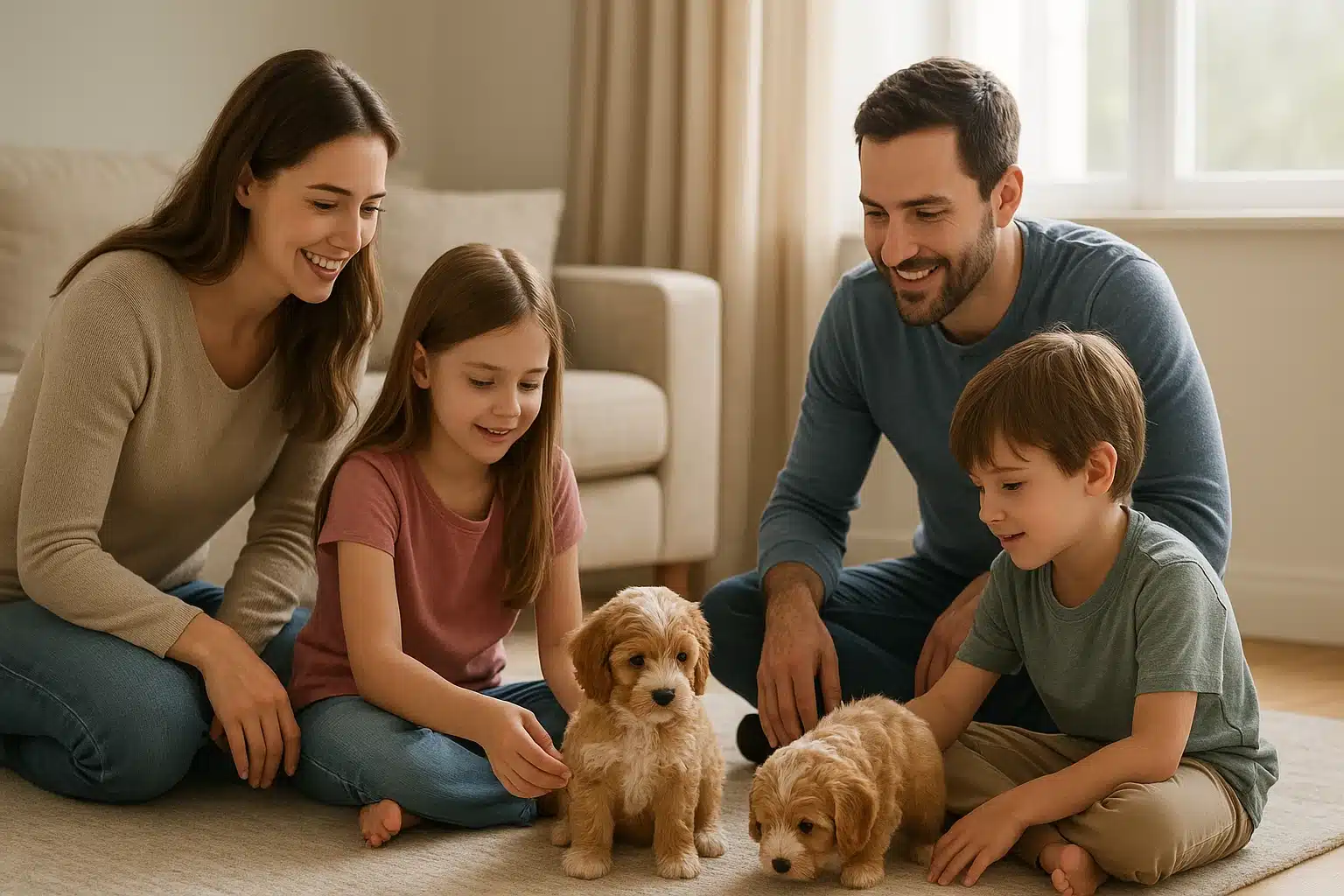 Sunlit living room with family watching Cavapoo puppies