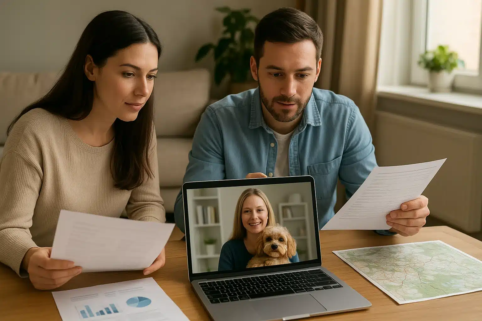 Family reviewing breeder records beside map