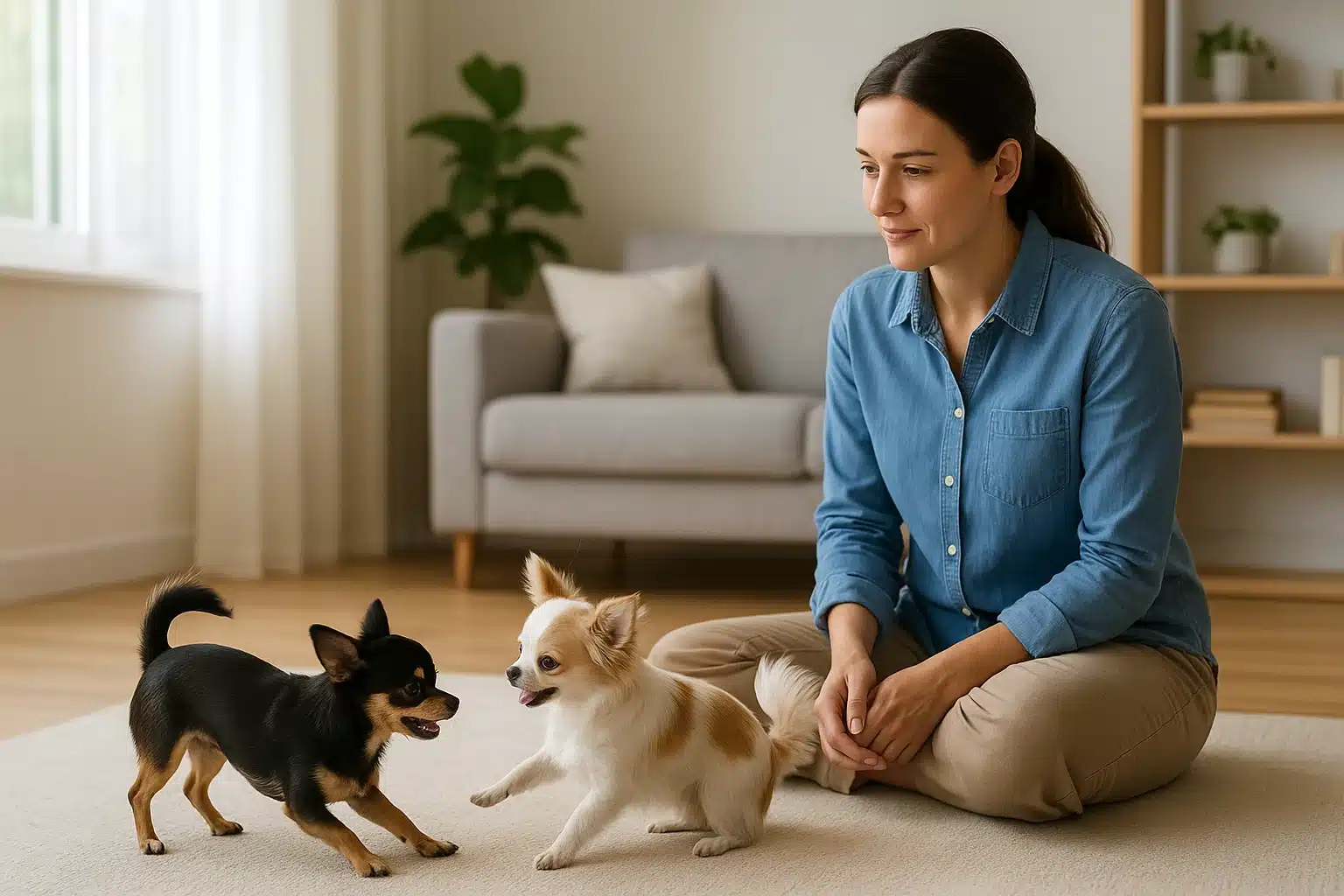 Breeder watching two small dogs play indoors