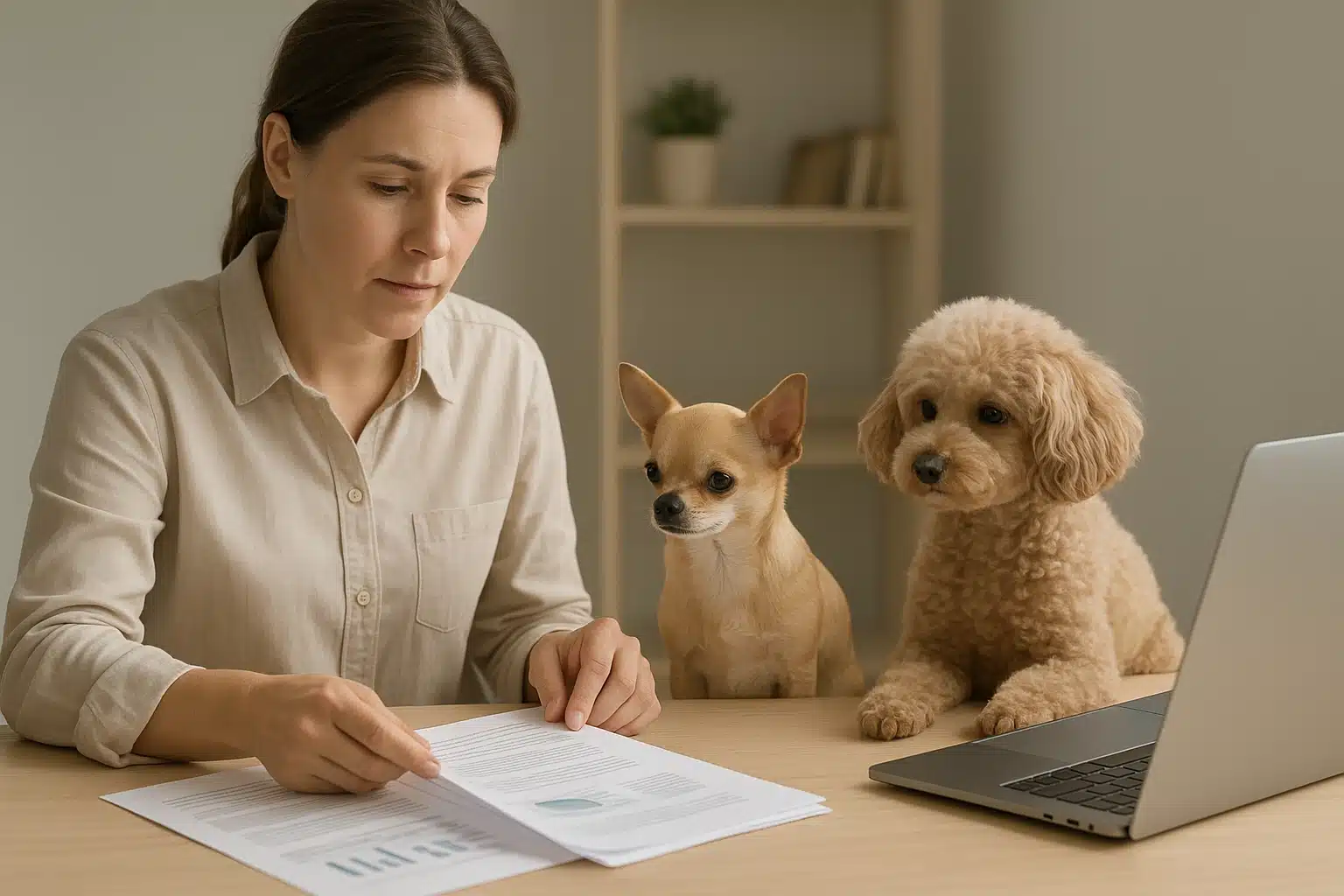 Breeder reviewing health certificates beside two dogs