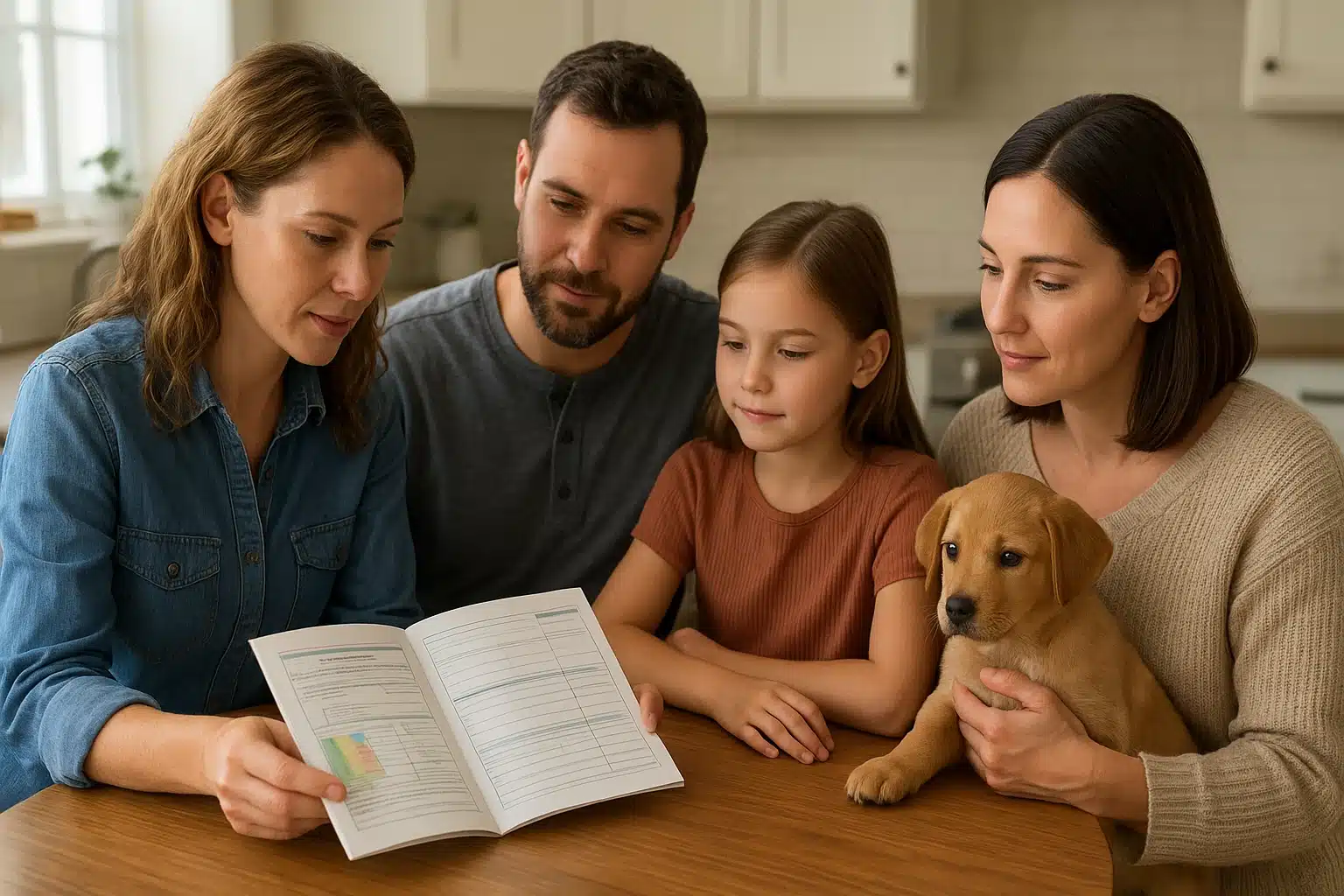 Family reviewing puppy health records with breeder