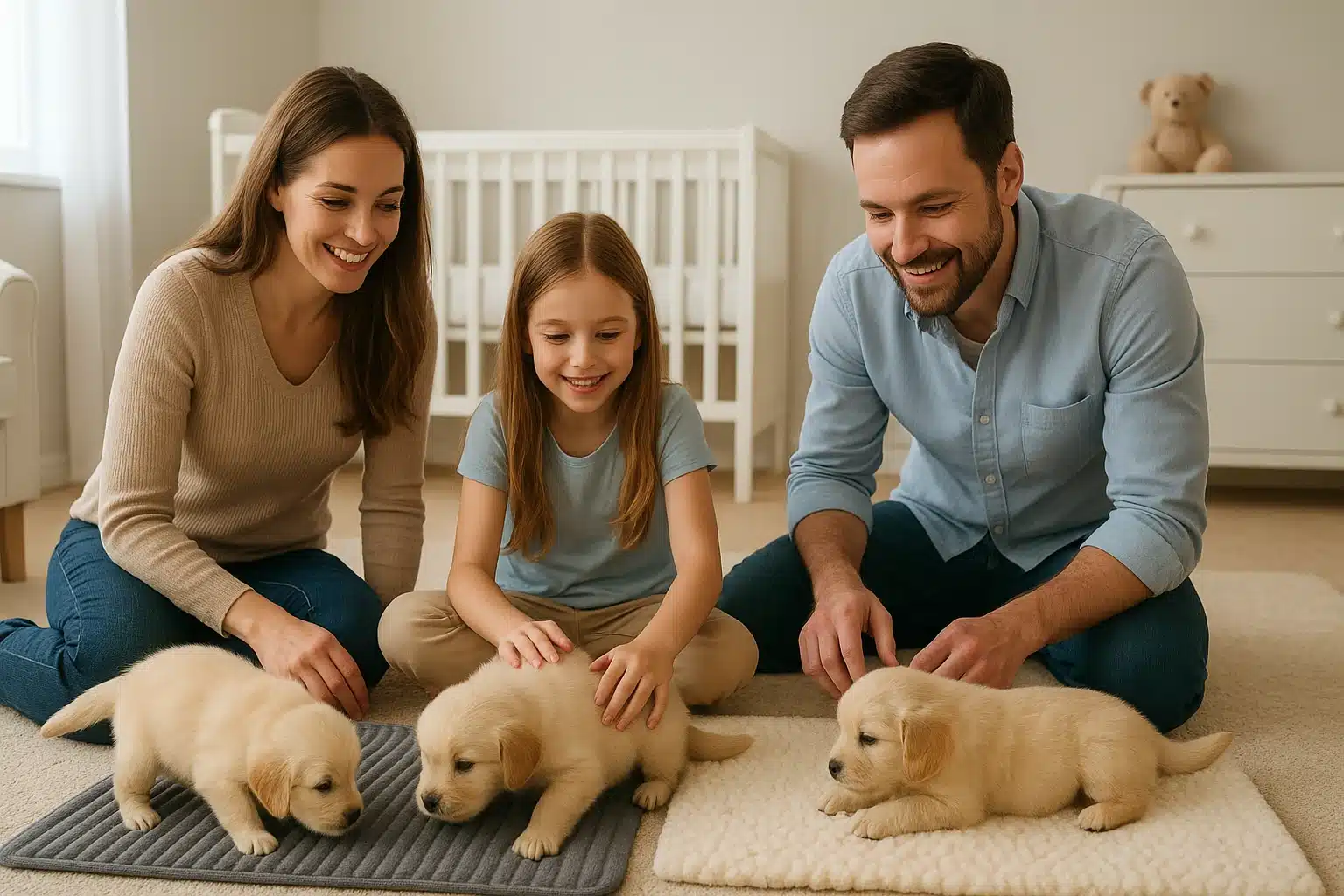 Alabama family watching puppies play on textured mats