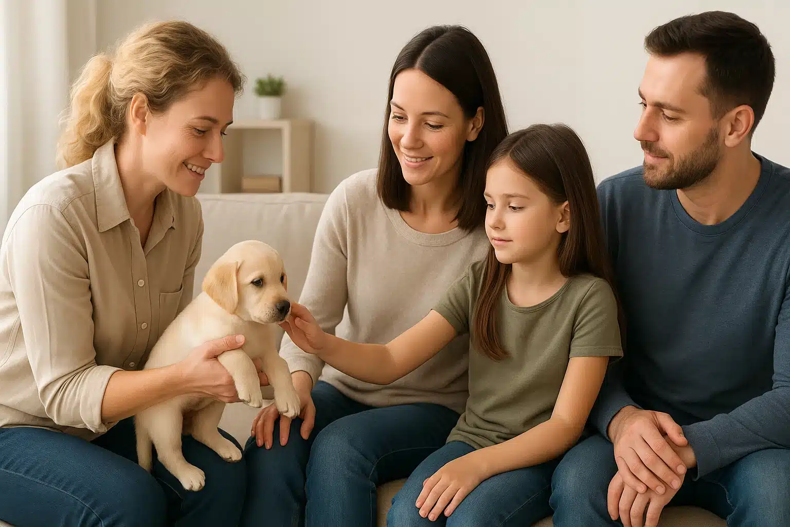 Breeder handing calm puppy to seated family