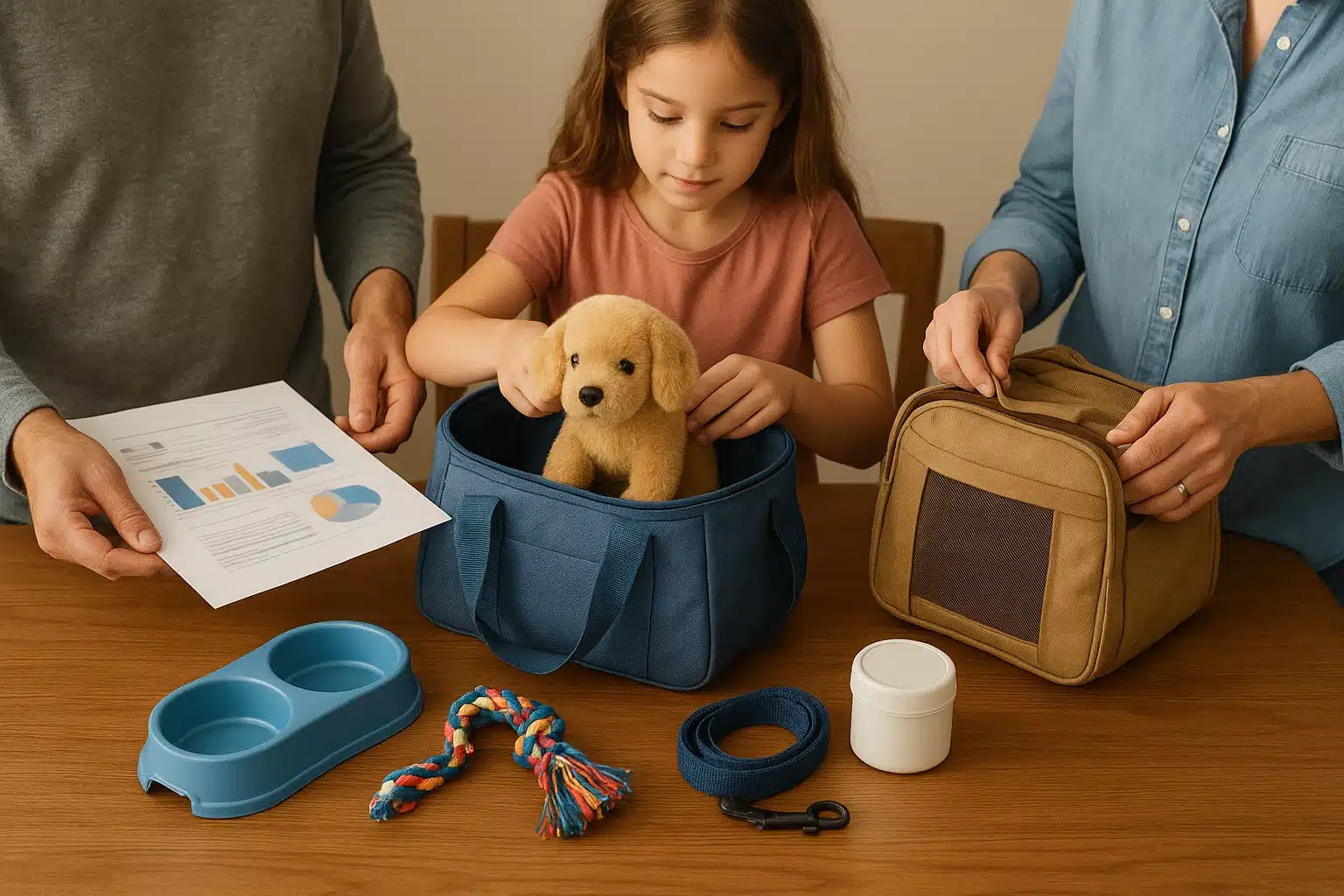 Family packing puppy supplies beside printed health records