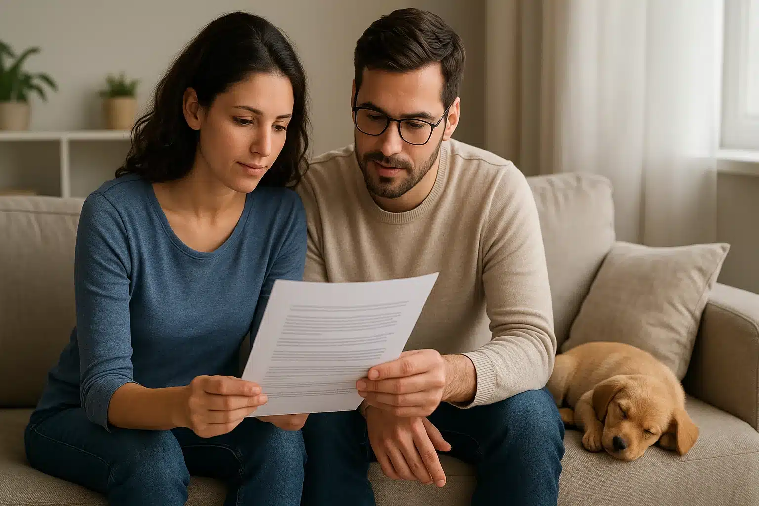 Couple reading puppy contract beside sleeping dog