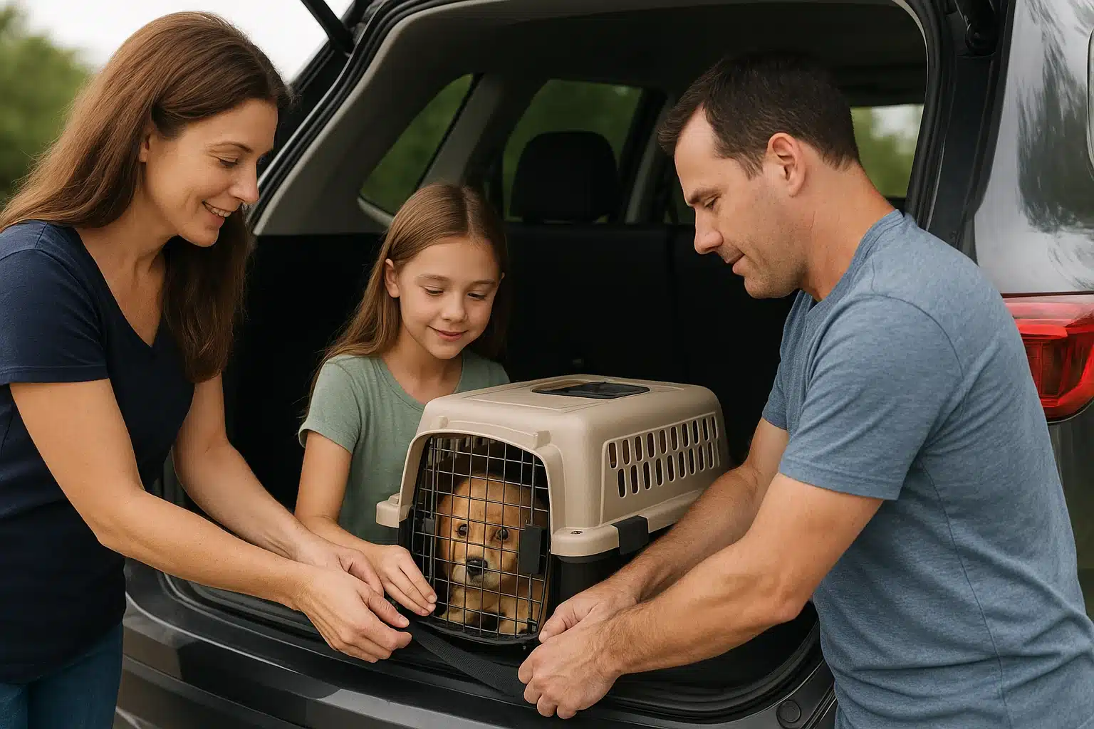 Family securing puppy carrier in parked car