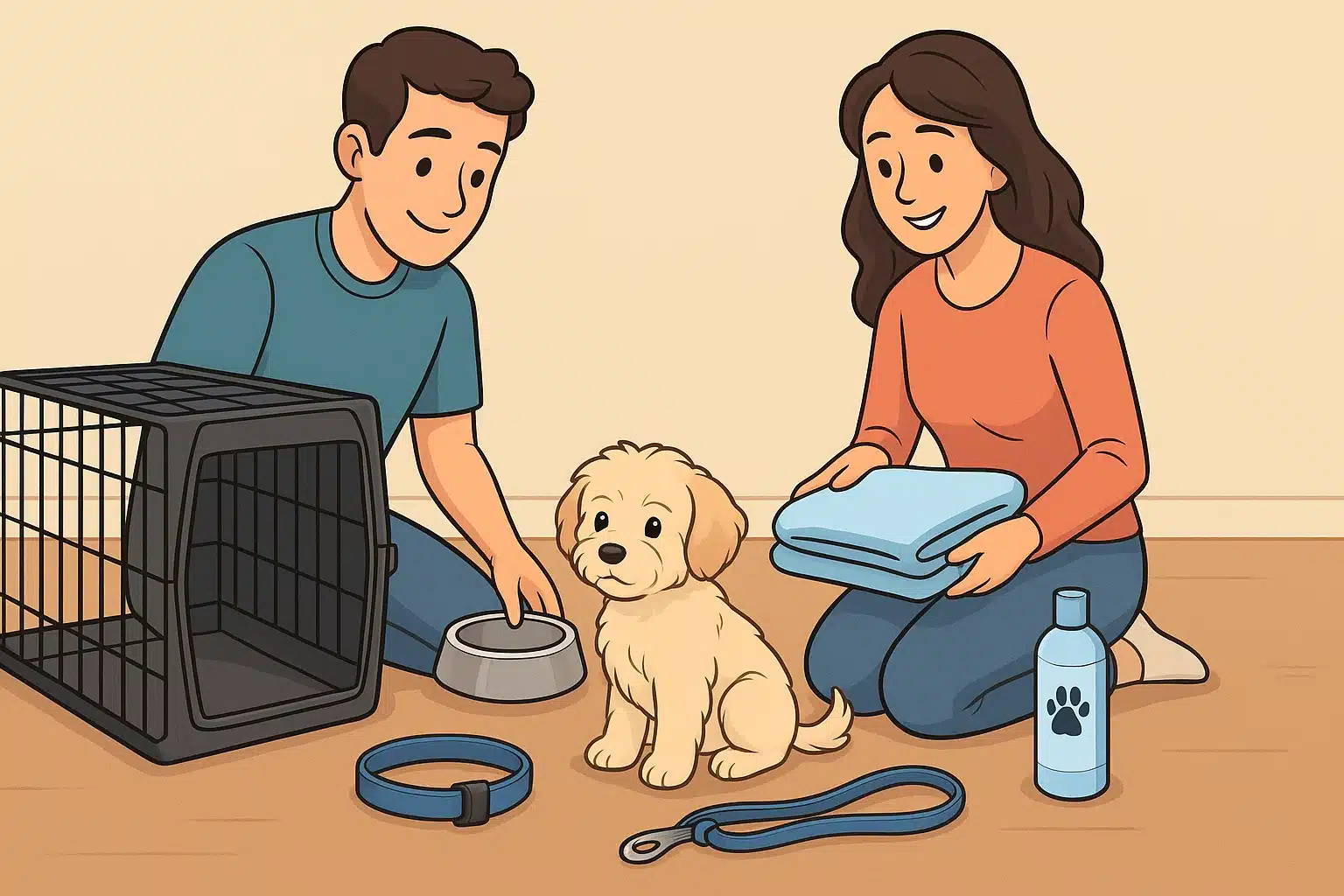 A couple prepares for a new Havapoo puppy, laying out a crate, food bowl, leash, collar, blanket, and puppy supplies on the floor.