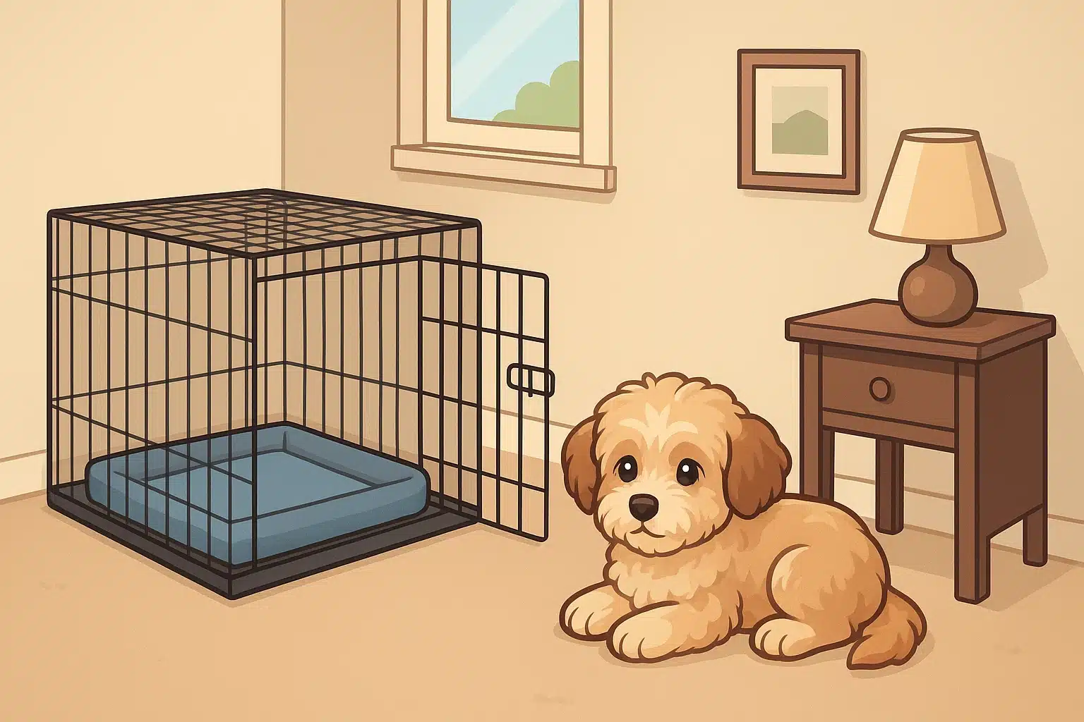 A Havapoo puppy resting in a gated bedroom corner beside a crate