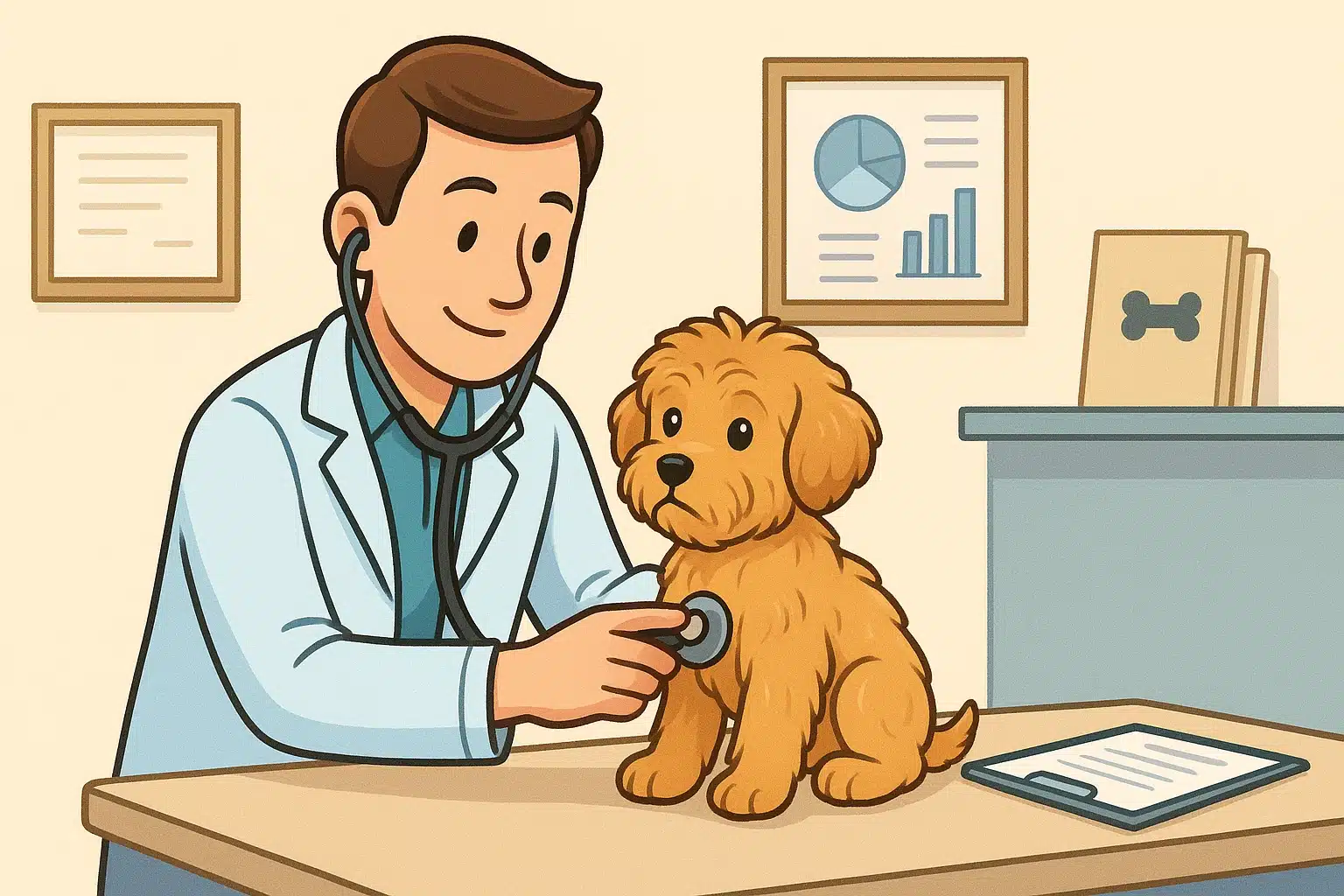 Veterinarian examining Havapoo puppy beside records
