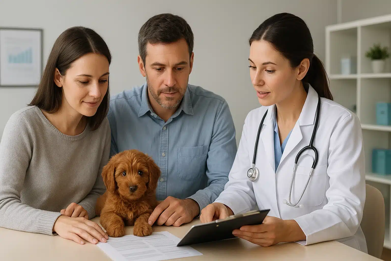 Family reviewing puppy health records at vet clinic