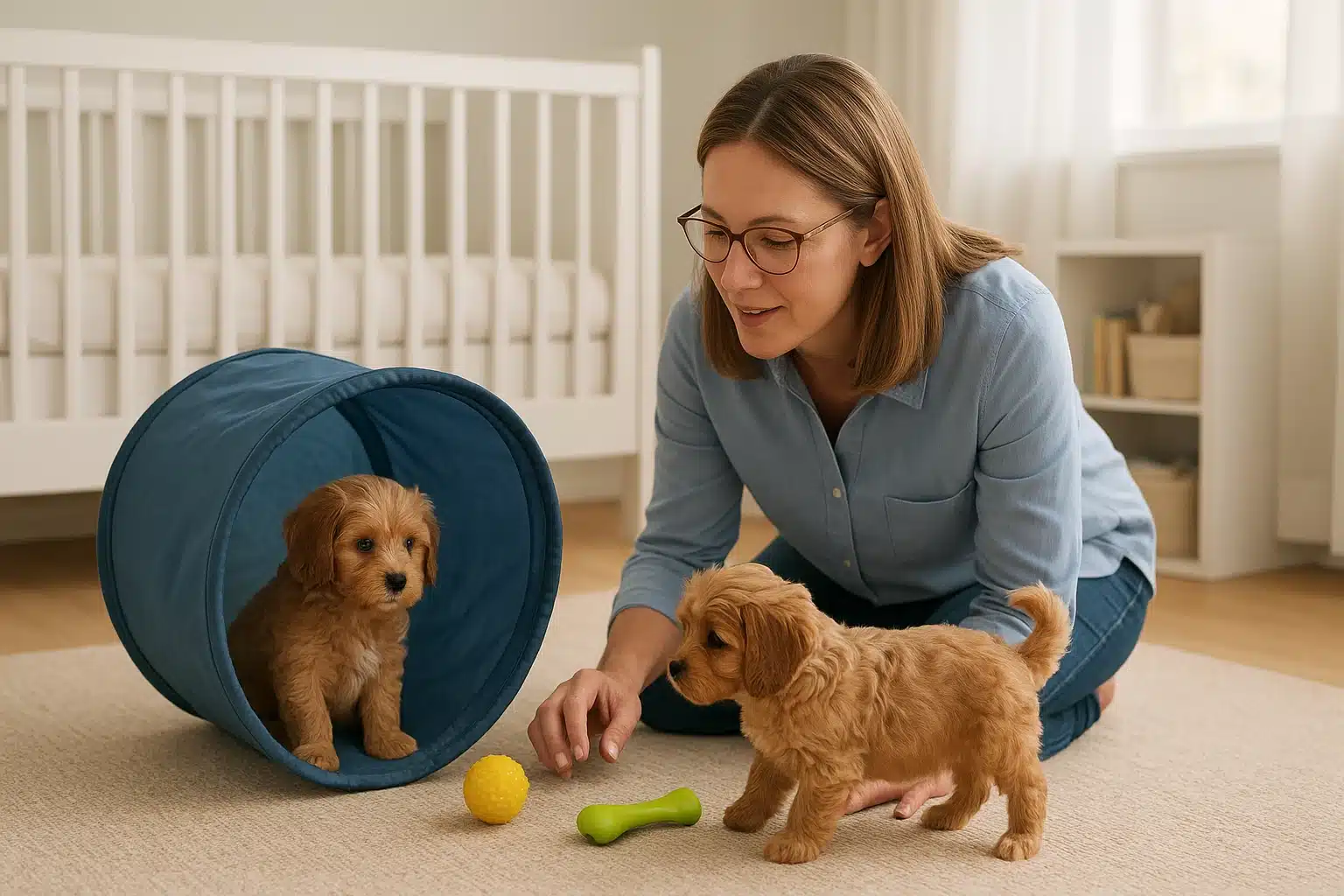 Breeder observing puppies exploring tunnel toys