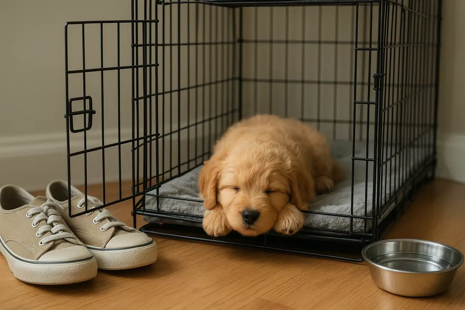 Resting puppy in open crate beside shoes