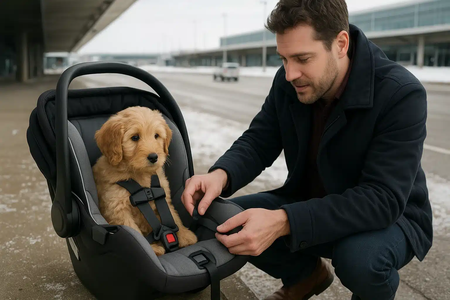 Parent securing puppy carrier at snowy airport curb