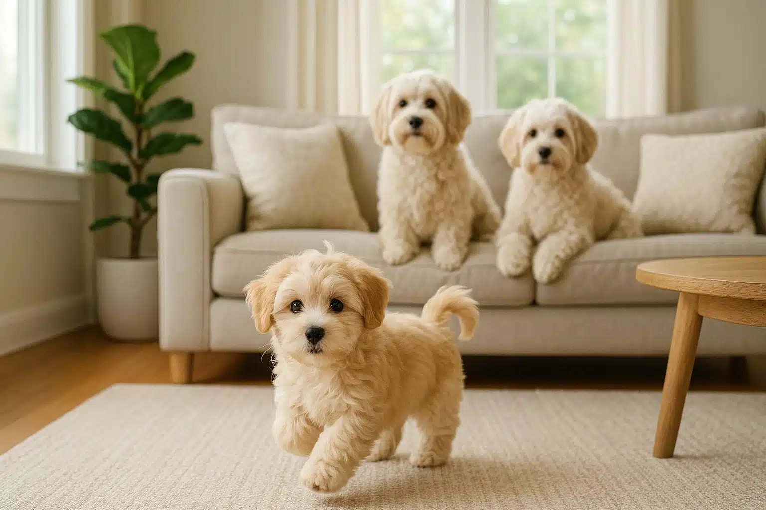 Havanese puppy playing beside parents in bright living room