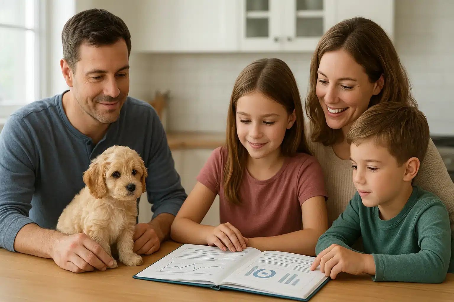 Family reviewing Cavapoo health folder at kitchen table