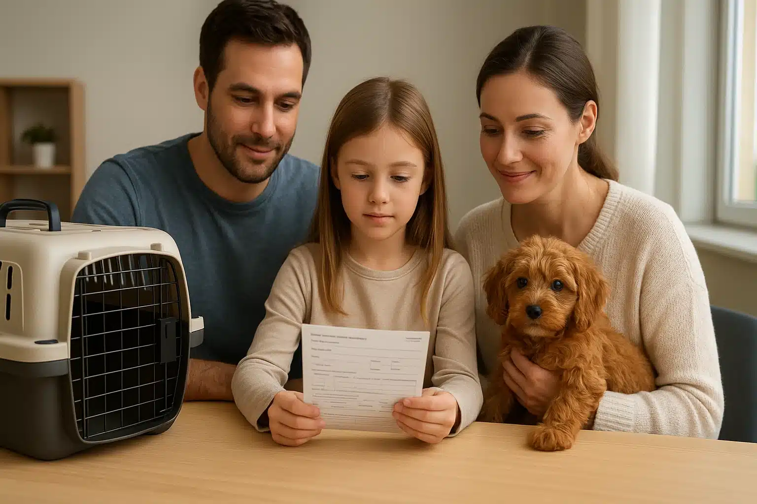 Family reviewing Cavapoo vaccination card beside carrier