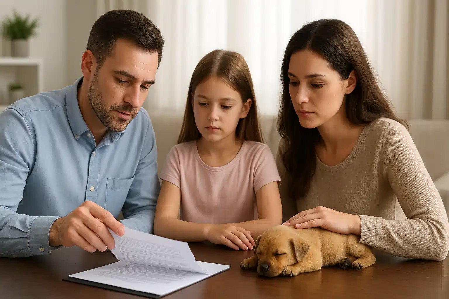 Family reviewing puppy agreement beside sleeping dog