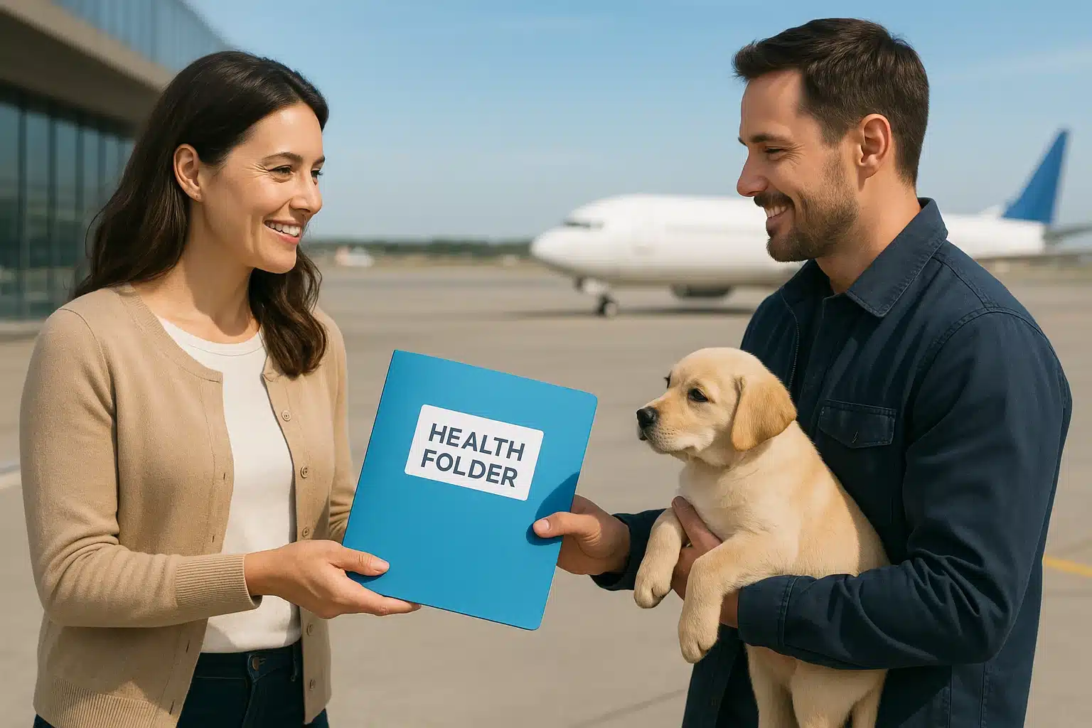 Sunlit airport puppy handoff with paperwork
