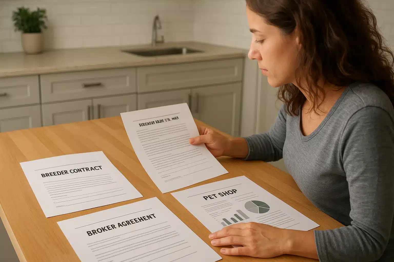 Three pet purchase contracts spread on a kitchen table