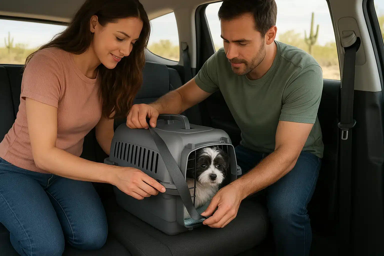 Family securing puppy carrier in shaded SUV