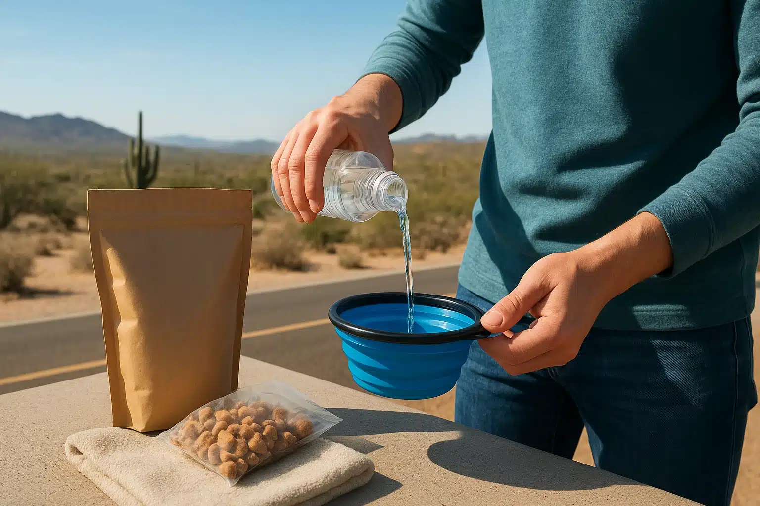 Collapsible bowl filled beside desert highway rest stop