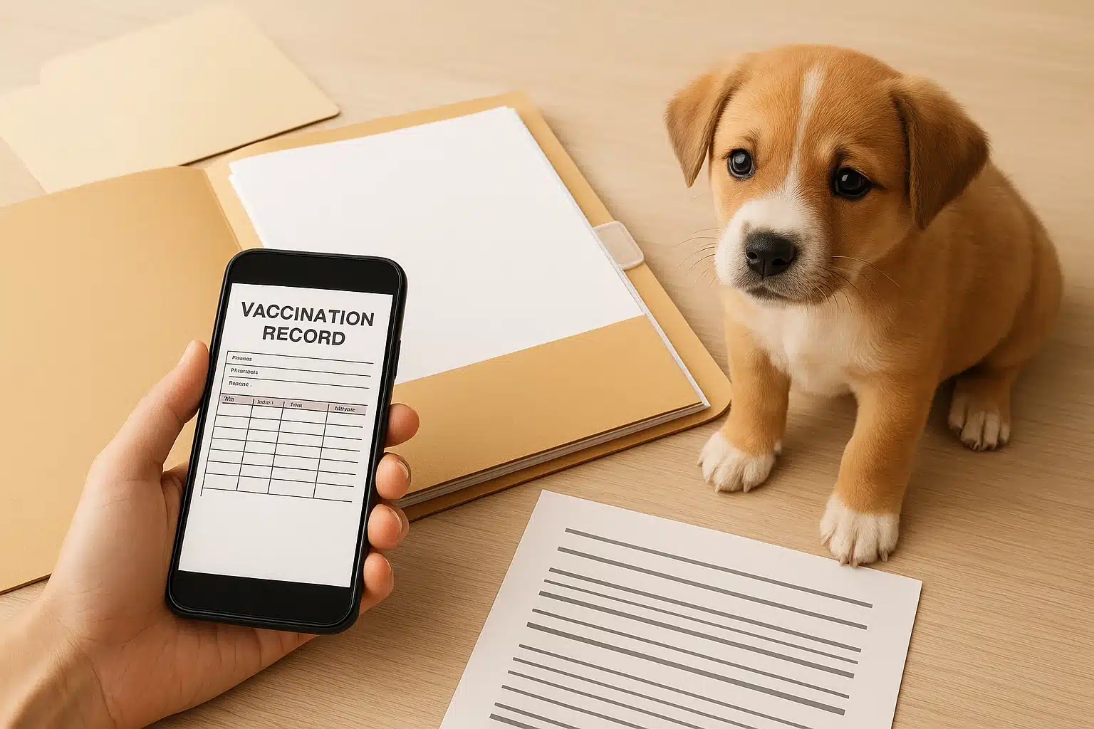 Photographing puppy records beside organized folder