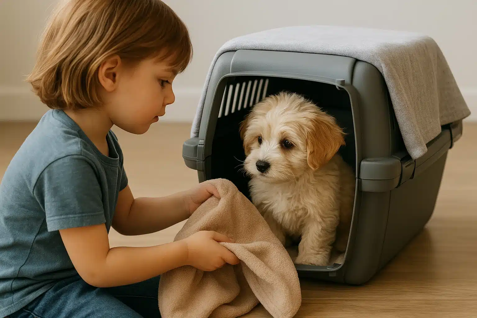 Child offering blanket to puppy near carrier