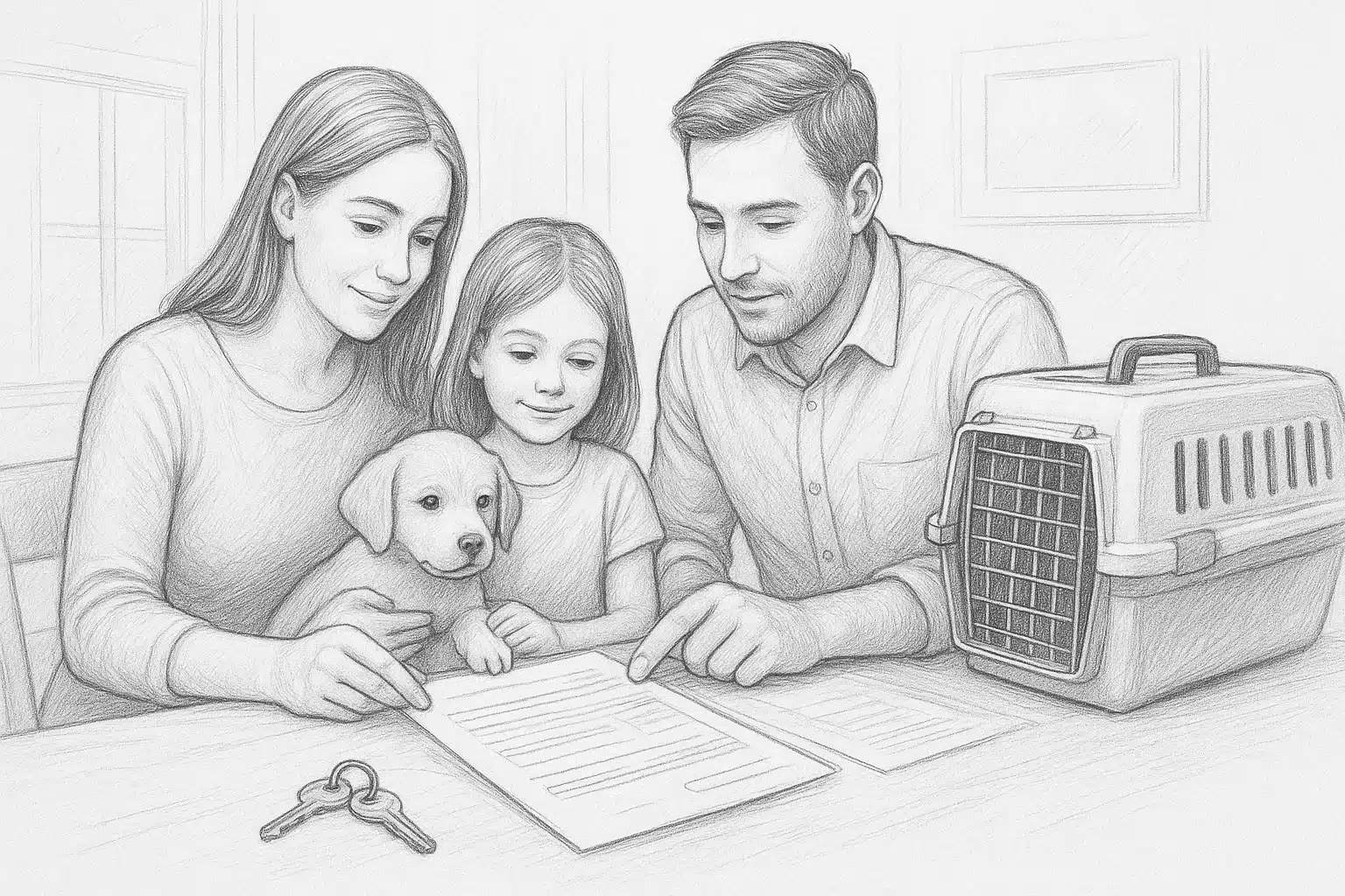Family reviewing puppy health papers beside carrier