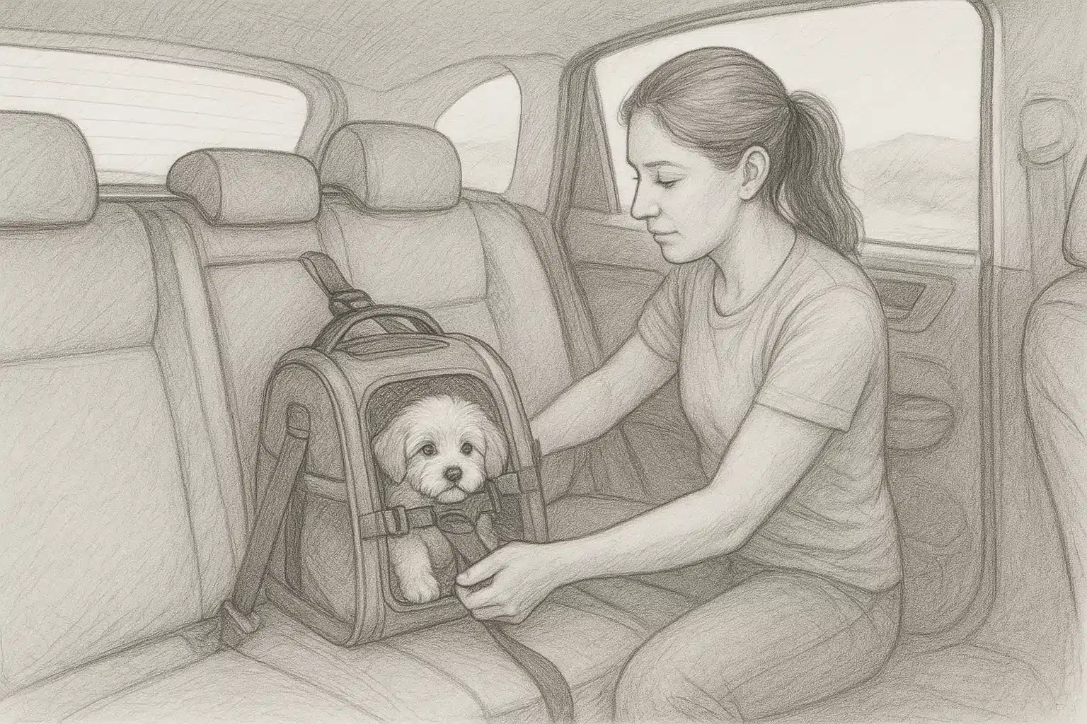 SUV back seat with secured puppy carrier