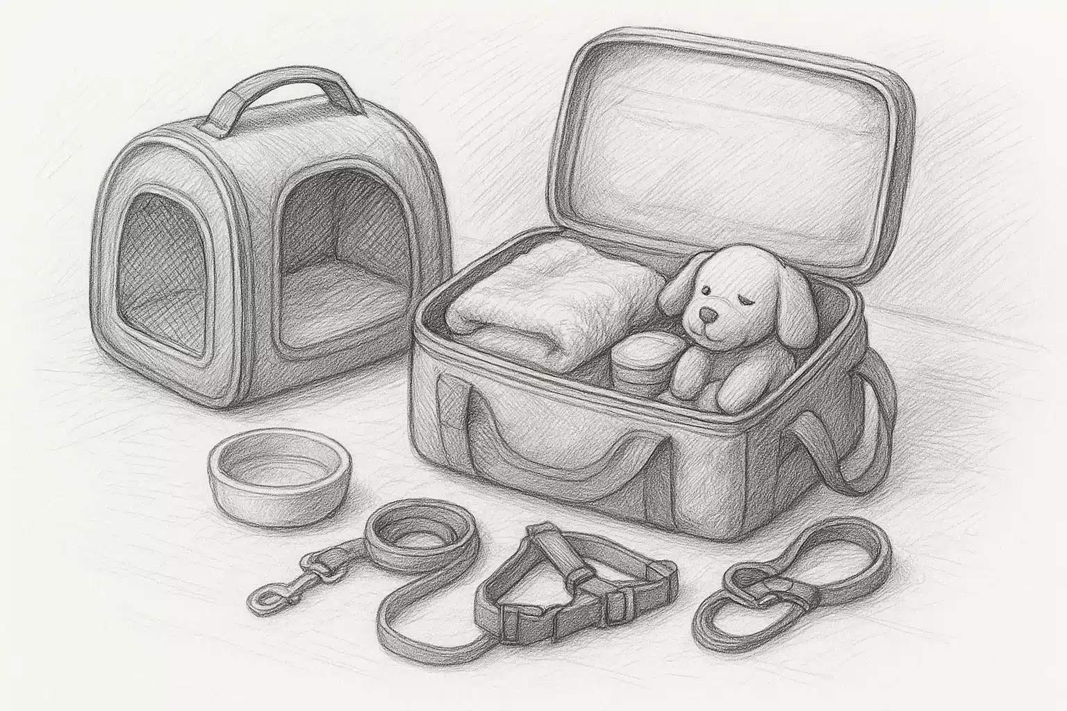 Pencil sketch of open travel bag with puppy supplies