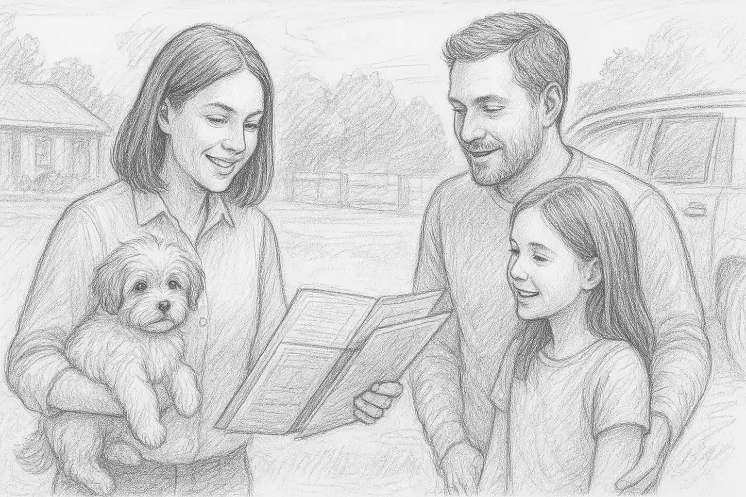 Breeder handing Havanese puppy to family
