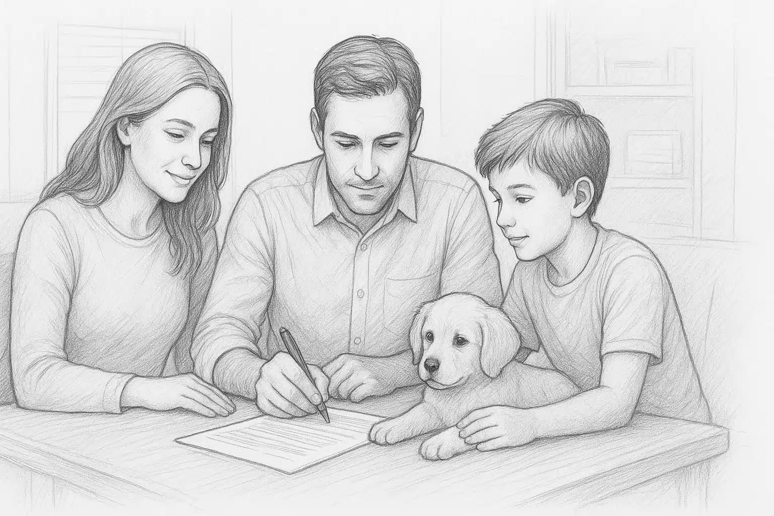 Connecticut family filling puppy application with dog nearby