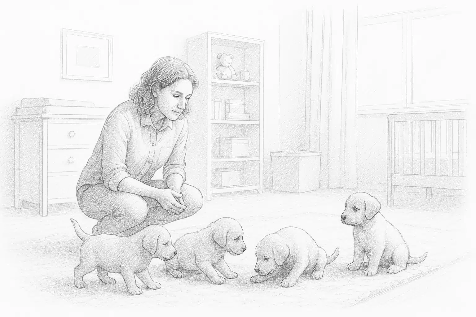 Breeder observing puppies playing in bright nursery