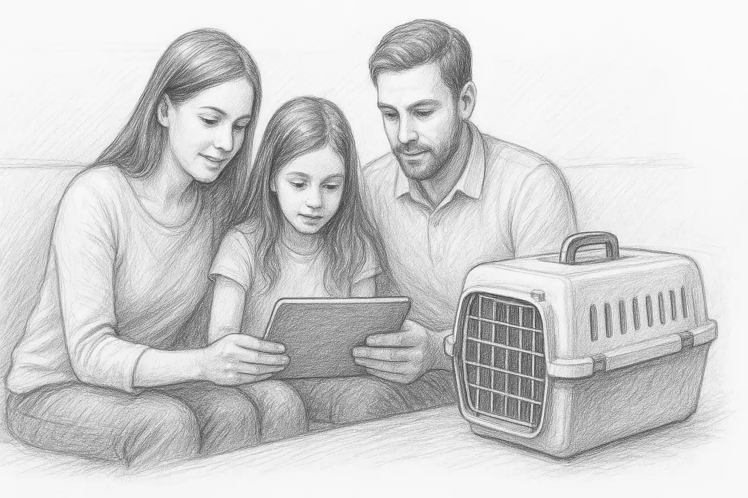 Family reviewing puppy waitlist on tablet