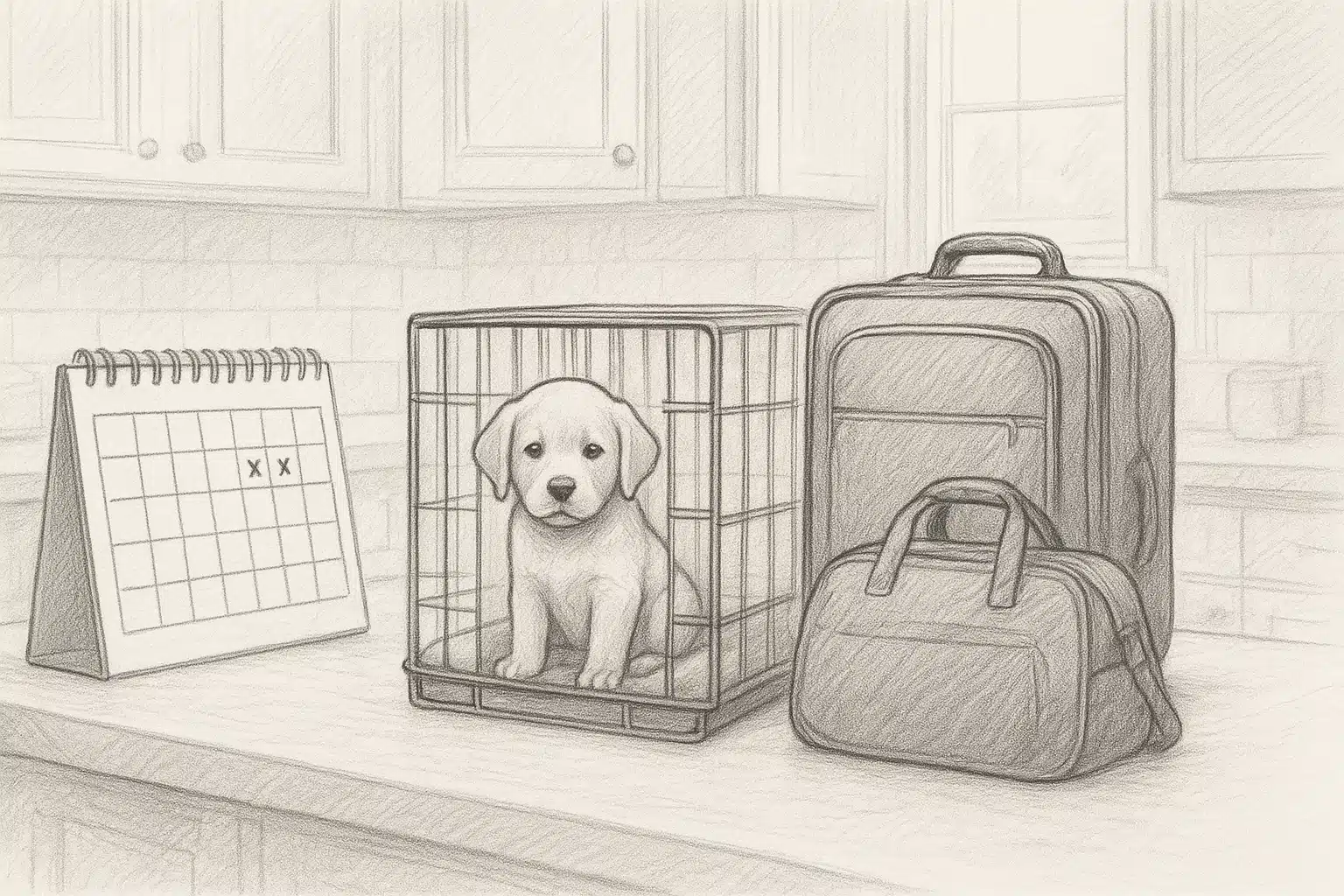 Pencil sketch of calendar, crate, and travel bags
