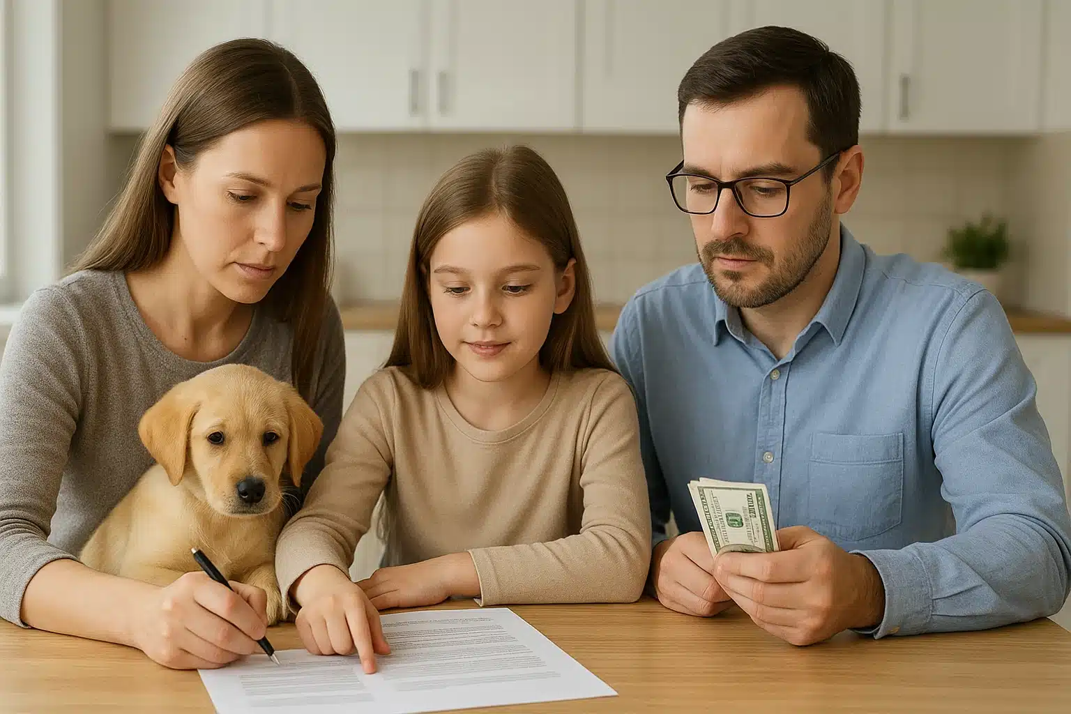 A family compares breeder paperwork at a kitchen table