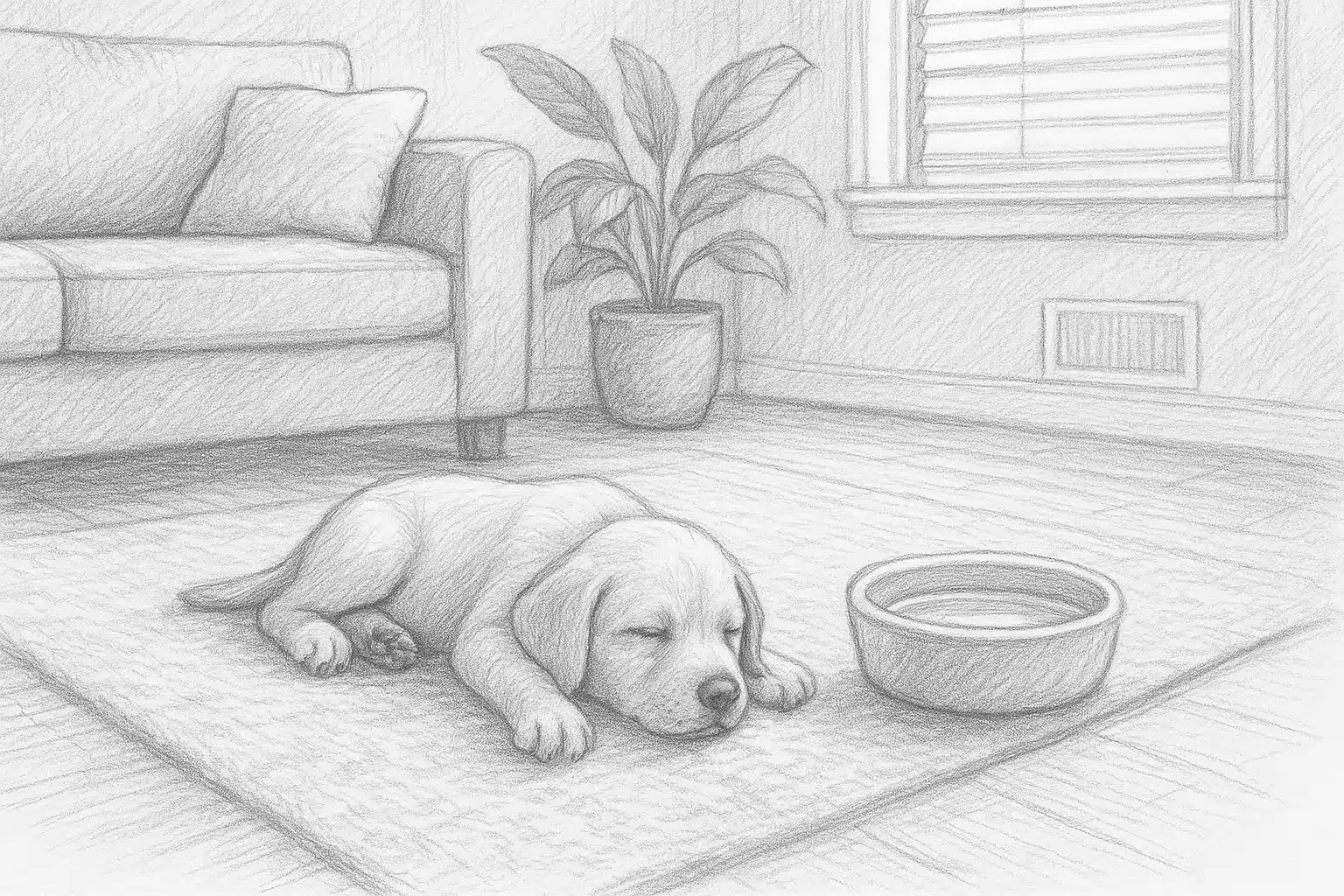 Pencil sketch of puppy resting by water bowl