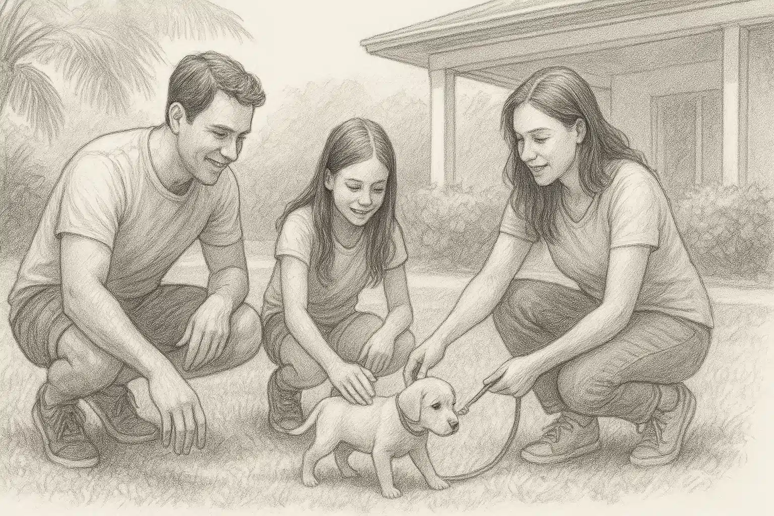 Family guiding puppy across shaded Florida grass