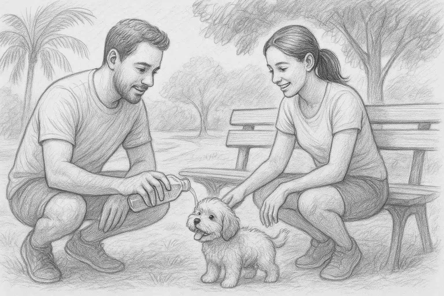 Family offering water to puppy by shaded bench