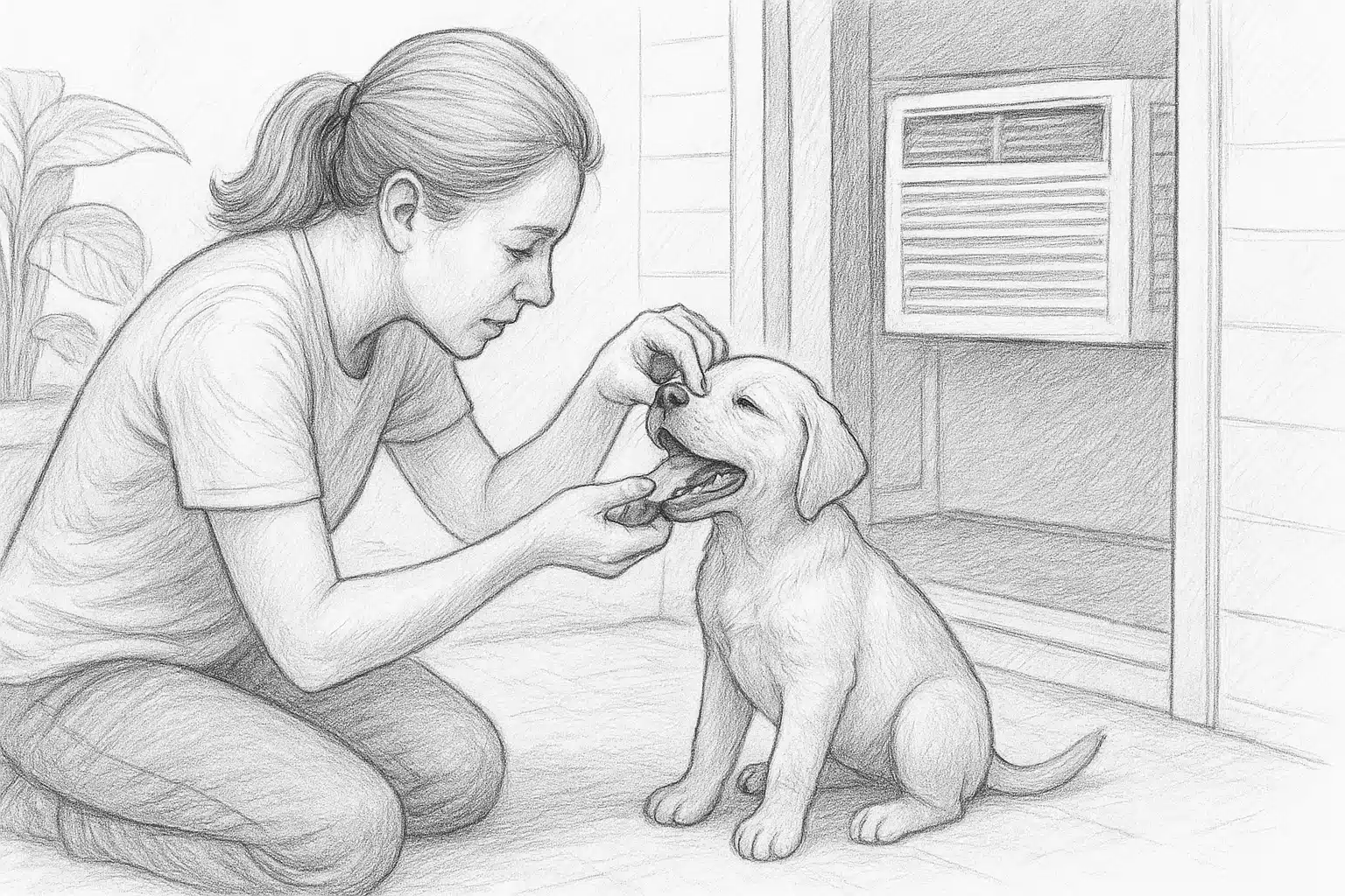 Owner checking puppy gums by cool doorway