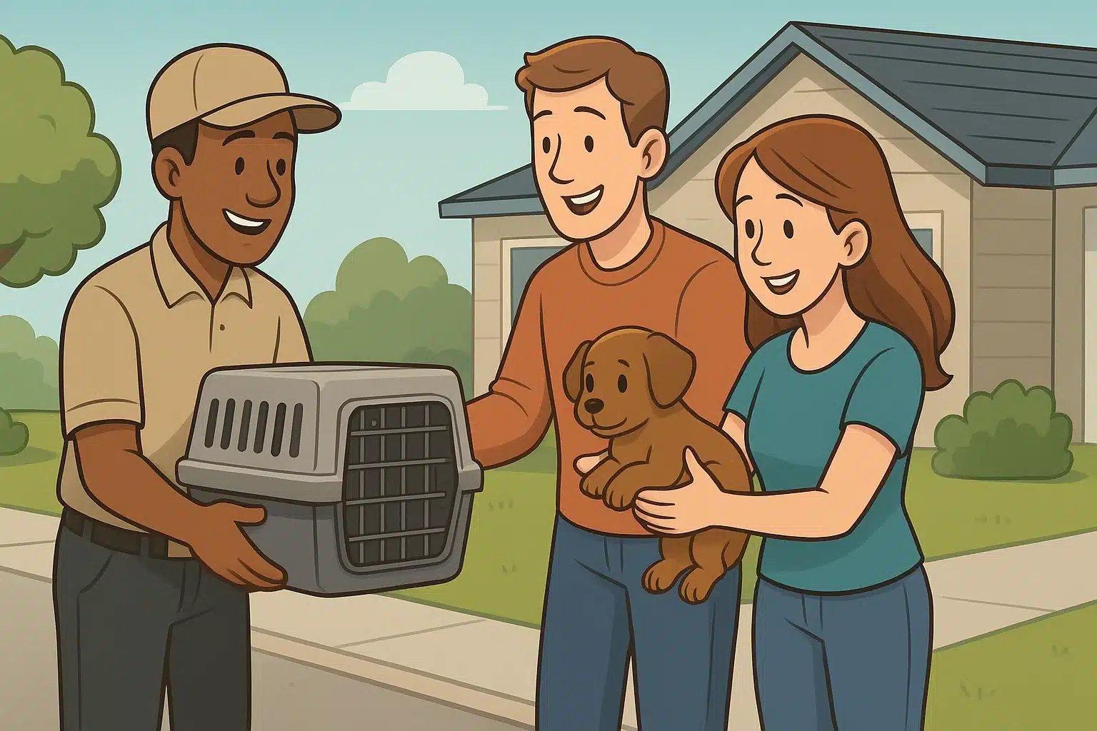 Family receiving puppy from climate-controlled transport