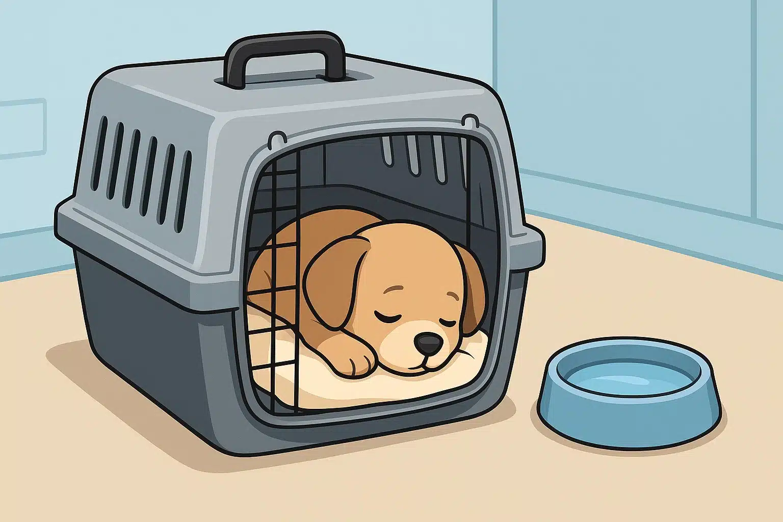 Puppy resting in travel crate with water bowl