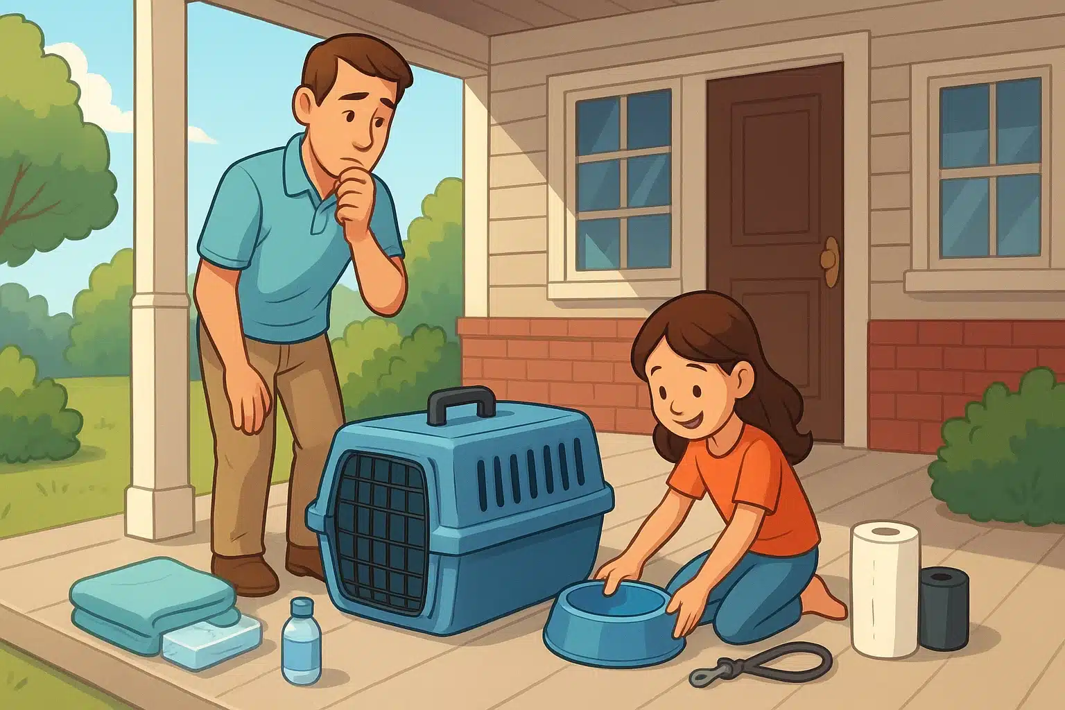 A parent and child prepare a puppy carrier on a shaded Georgia porch