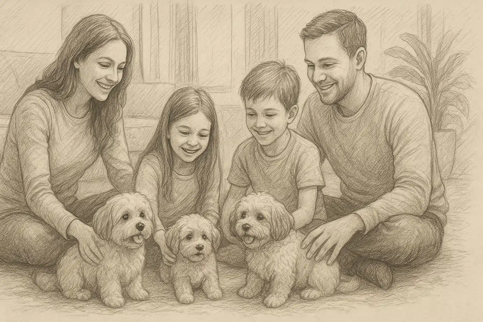 Three small fluffy puppies playing beside an Iowa family