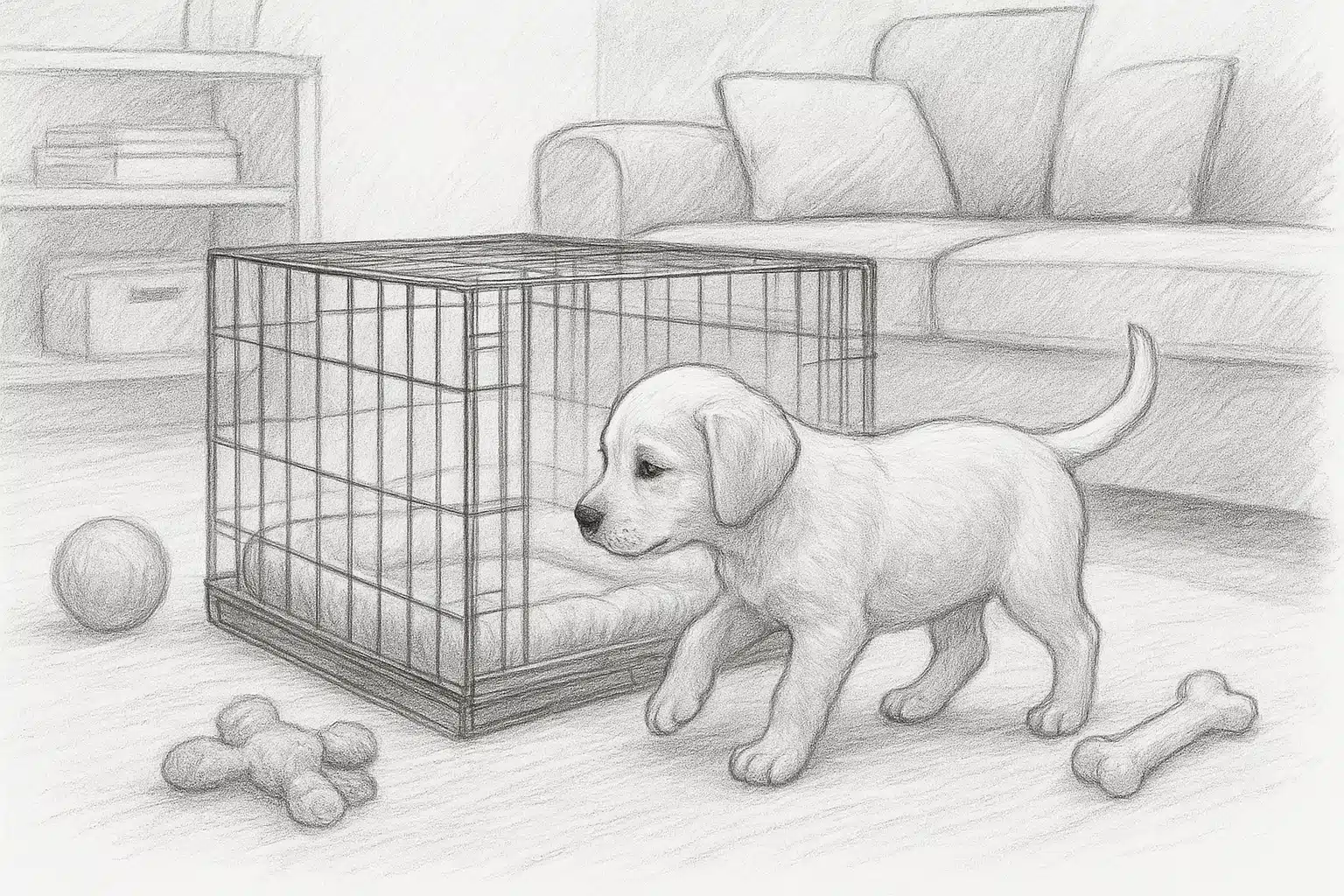 Puppy resting calmly beside a crate