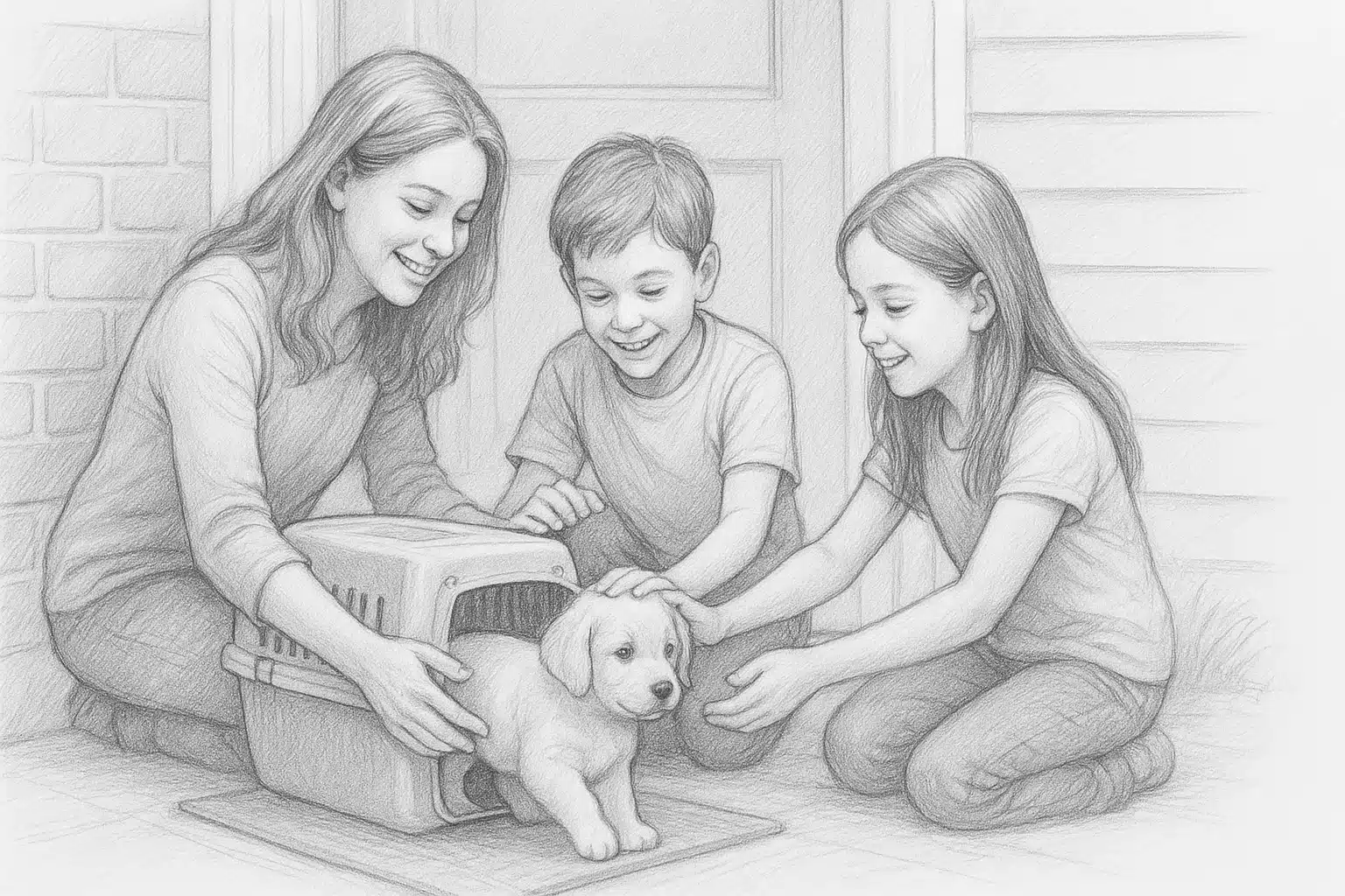 A family greets a puppy beside a travel crate
