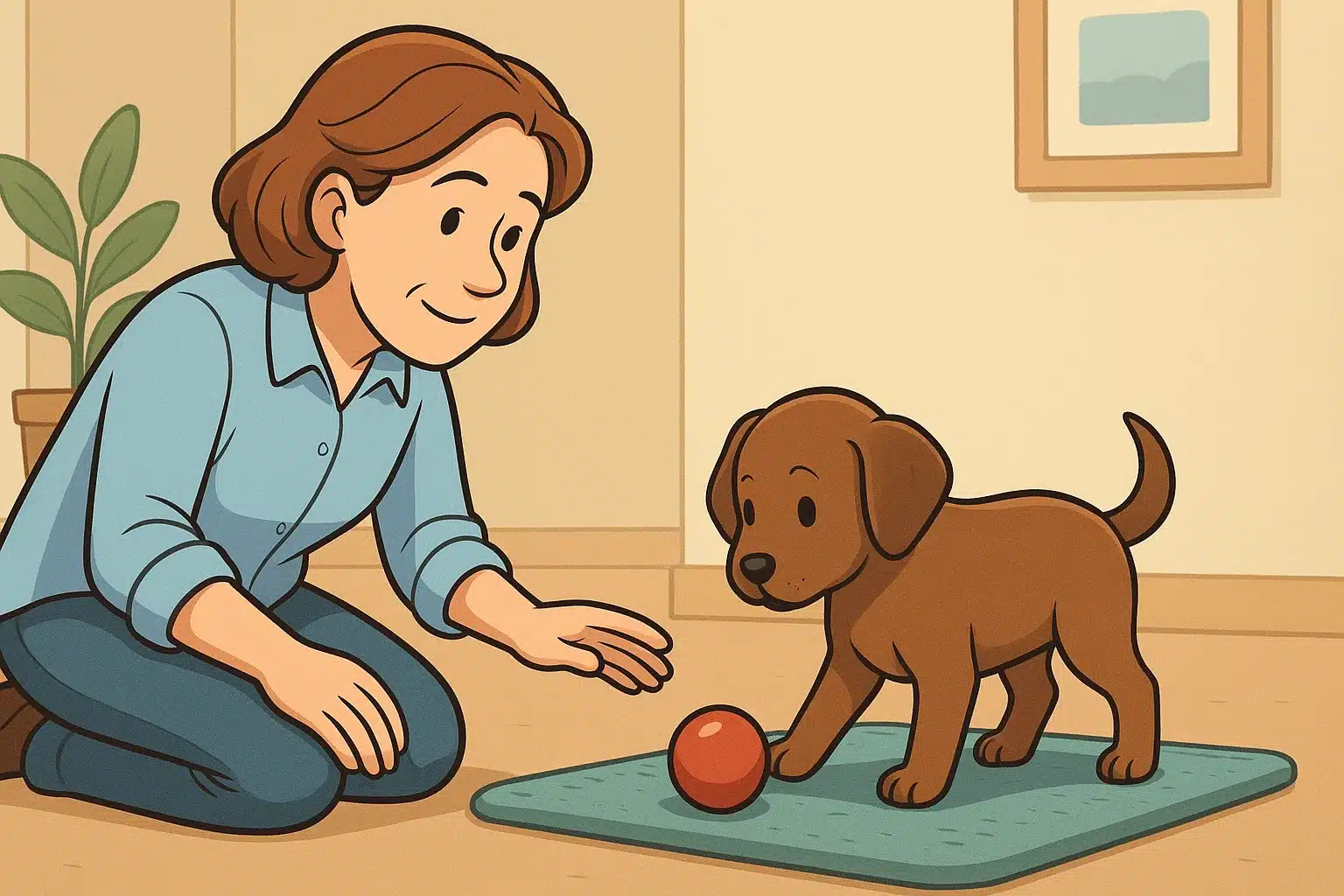 Breeder observes puppy exploring new surface